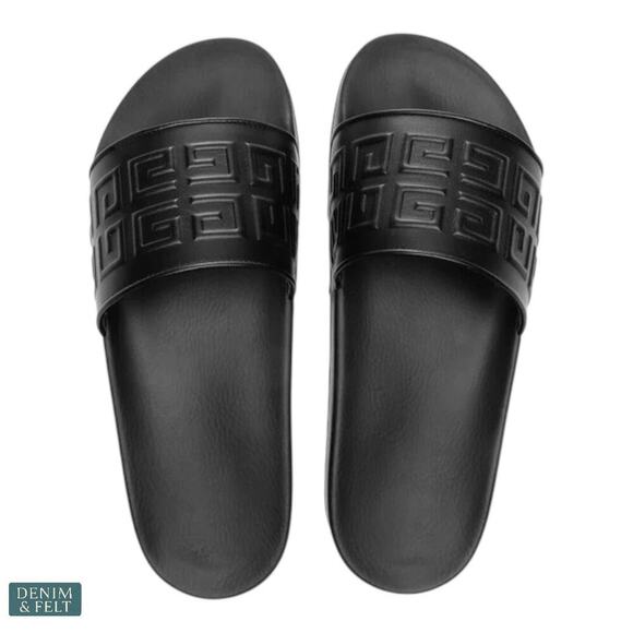 Givenchy Slide 4G Flat Sandals Black Lambskin Leather Logo Italy Size 38 - Picture 1 of 12
